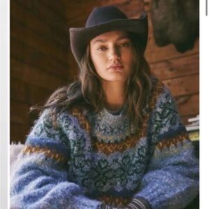 Free People Festive Frost Pullover Sweater - Ice Blue Combo - Sz Medium